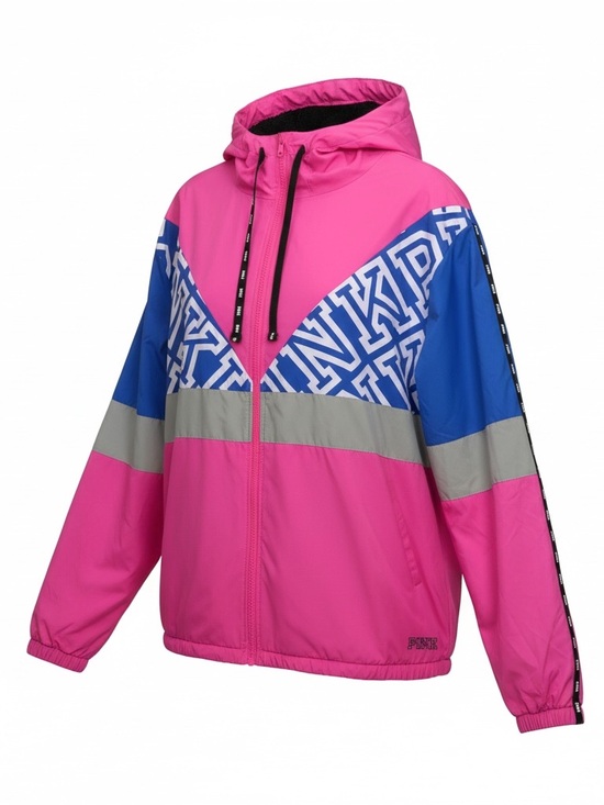 PINK Victoria's Secret Jackets & Blazers - PINK Victoria's Secret Pink, Blue & Gray Hooded Sherpa Lined Windbreaker Jacket
